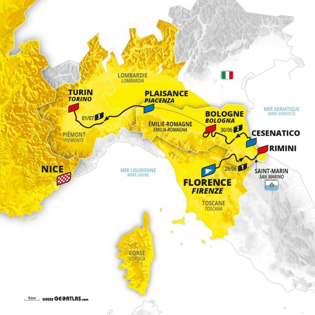 Carte du grand depart du Tour de France 2024 en Italie