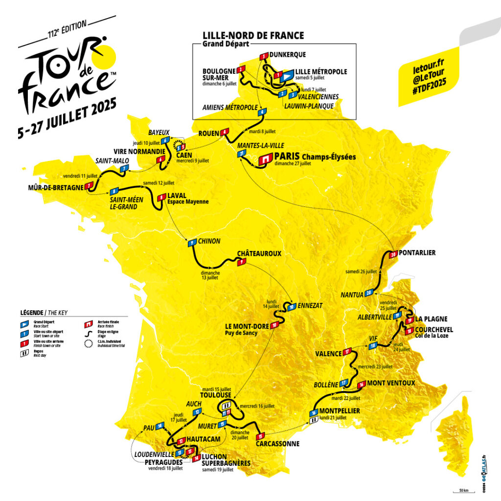 Carte présentant le parcours du du tour de France 2025