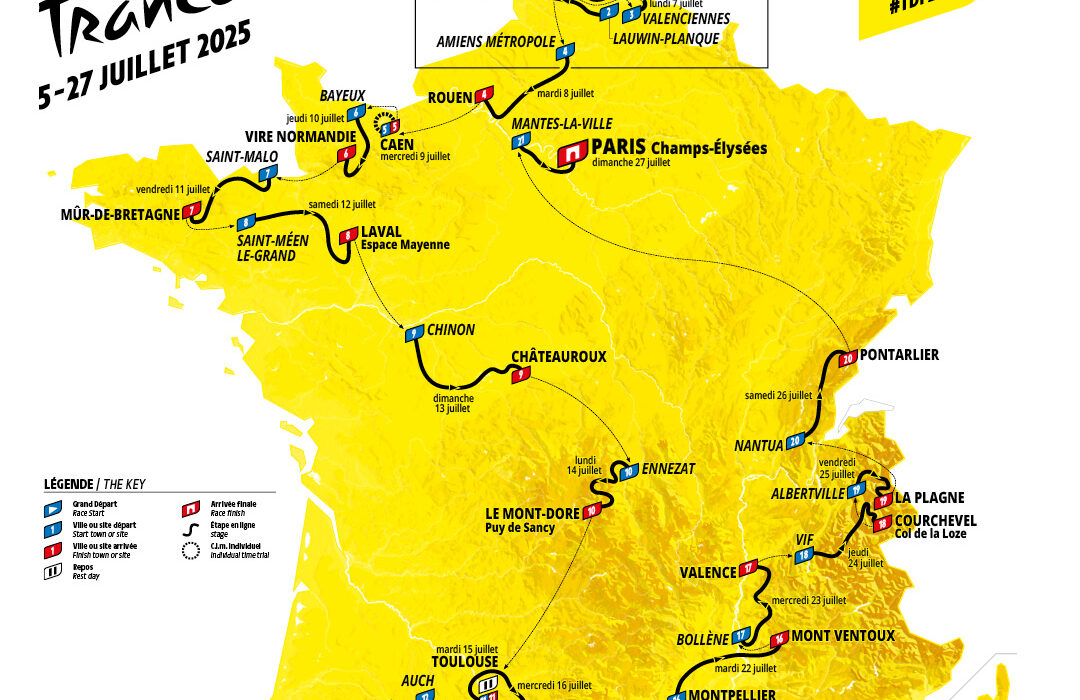 Carte présentant le parcours du du tour de France 2025